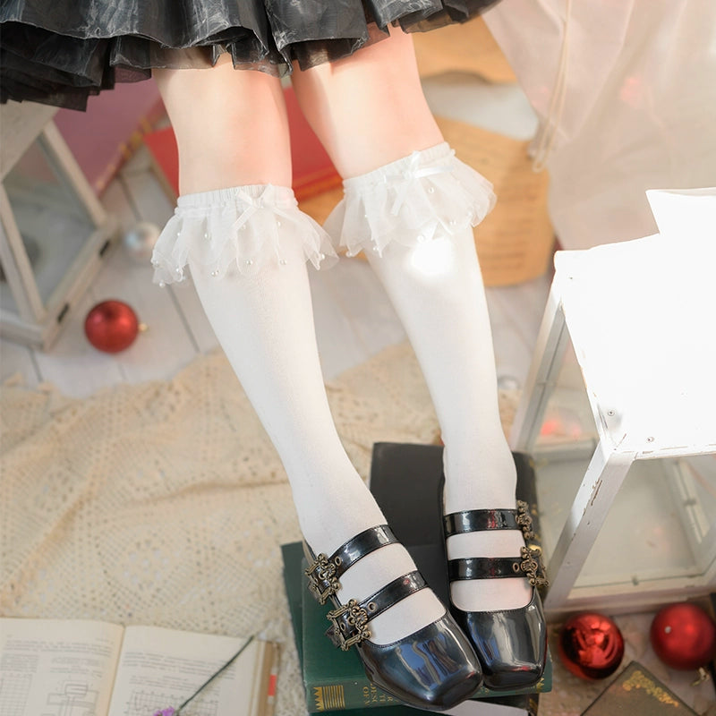 Roji Roji~Sweet Lolia Socks Mid-tube Cotton Lolita Lace Bow Socks Calf Socks-White Free size 