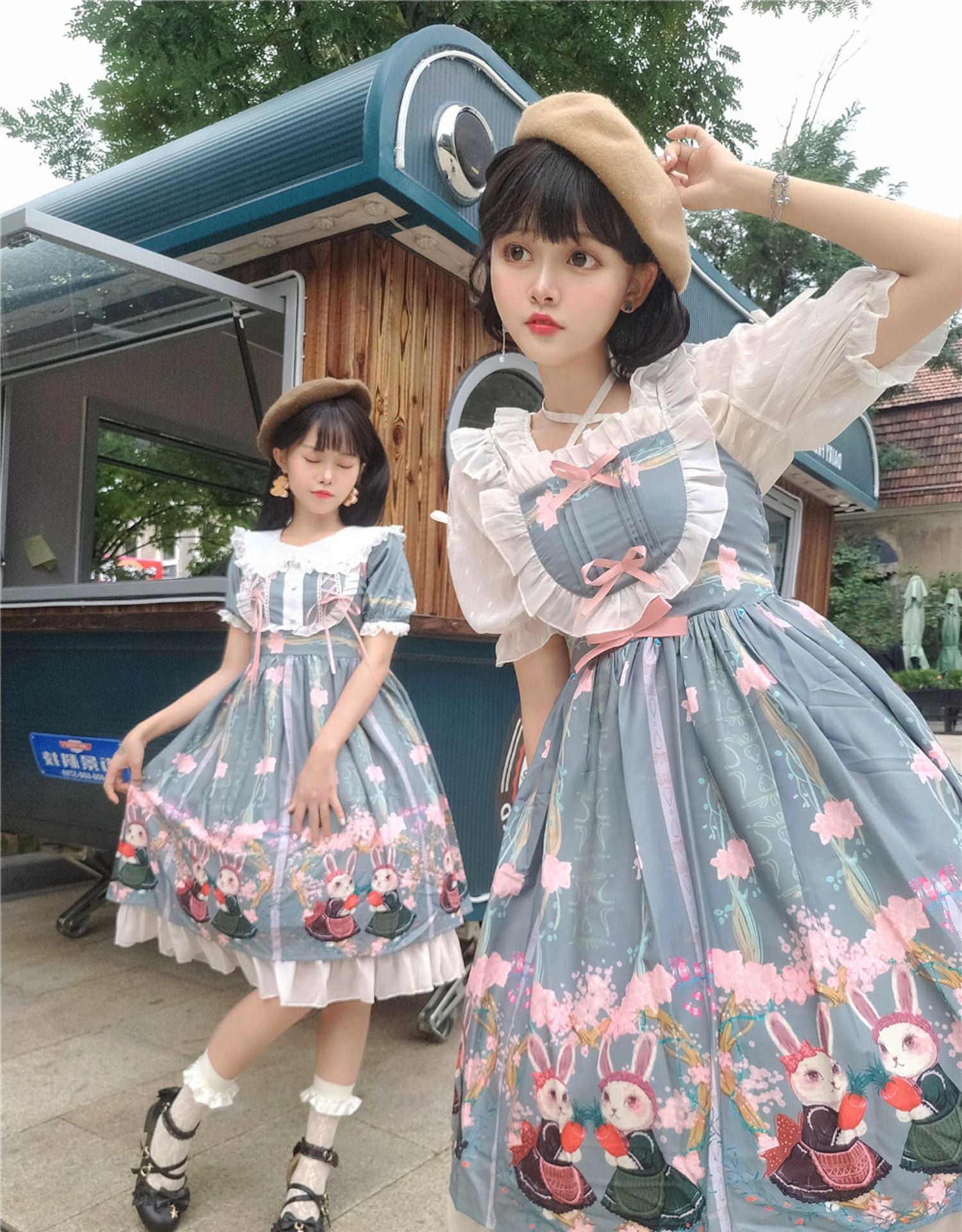 Niu Niu - Picnic Bunny Girl - Plus Size Lolita JSK Short Sleeve OP Dress 2XL Teal green OP