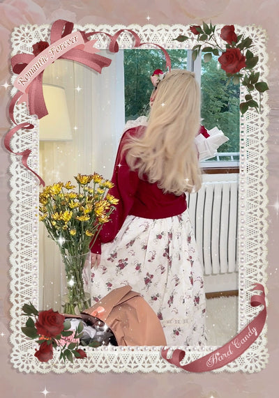 Yingtang~Plus Size Lolita Cardigan Set Elegant French Rose Print Dress 31448:375726