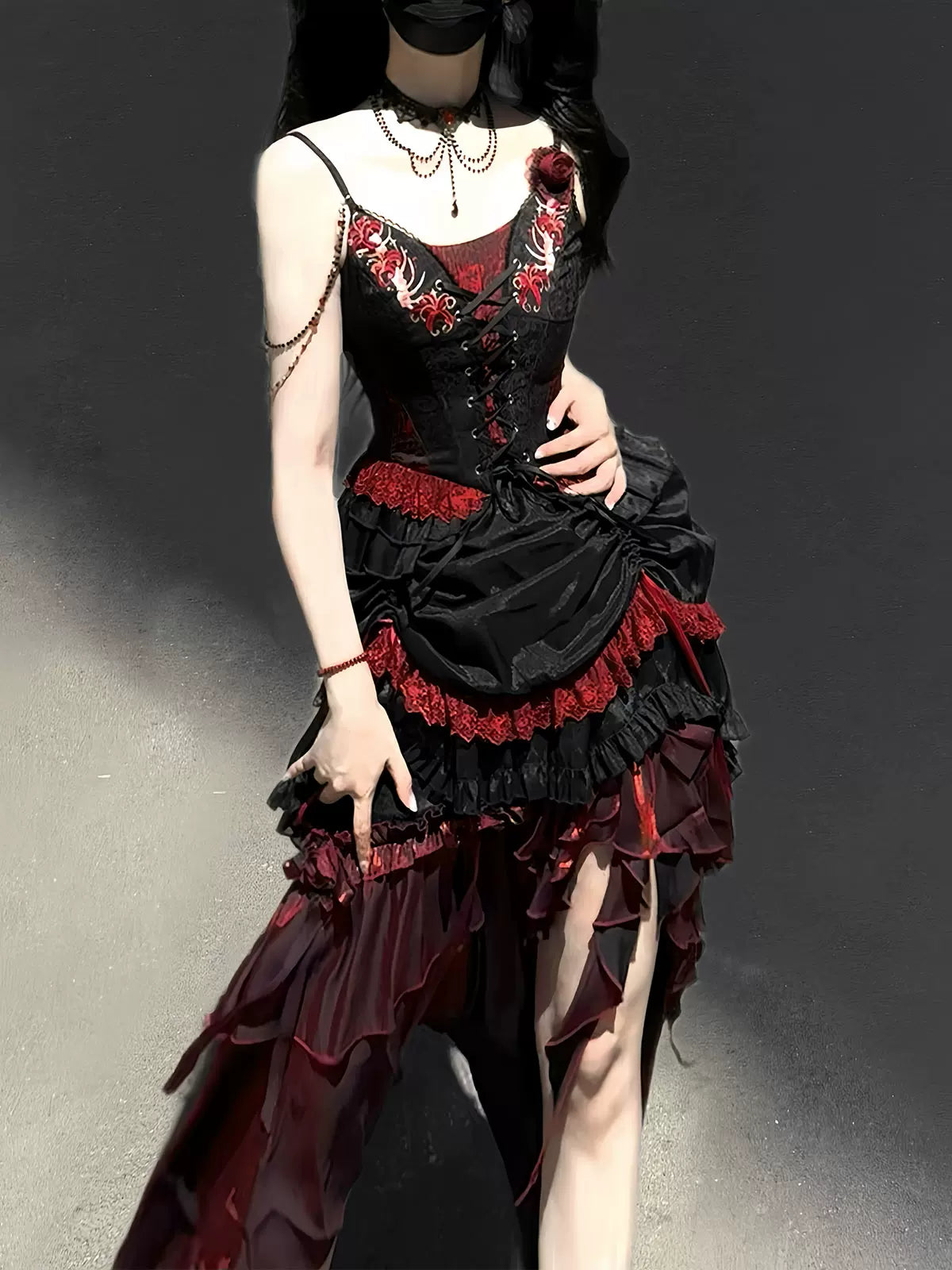 Bone Rot Bloom - Gothic Lolita Embroidered Camisole & Drawstring Lift-up Hem Skirt 45593:854850