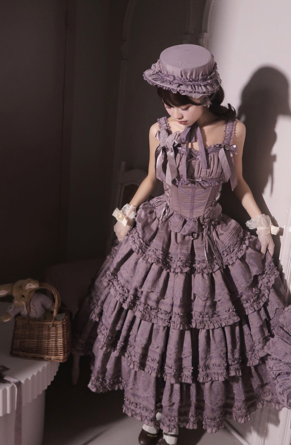 MEEKWIND~Miss Flora~Elegant Lolita Bodice Suit Tiered Skirt Purple S Strap Top + Skirt