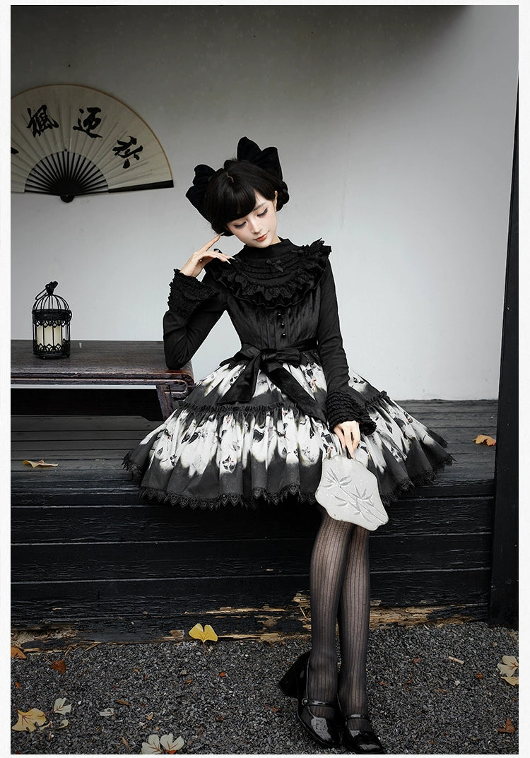 With PUJI - Dead Leaf Butterfly - Gothic Lolita JSK & OP Dress Set, Butterfly Print 44346:805408