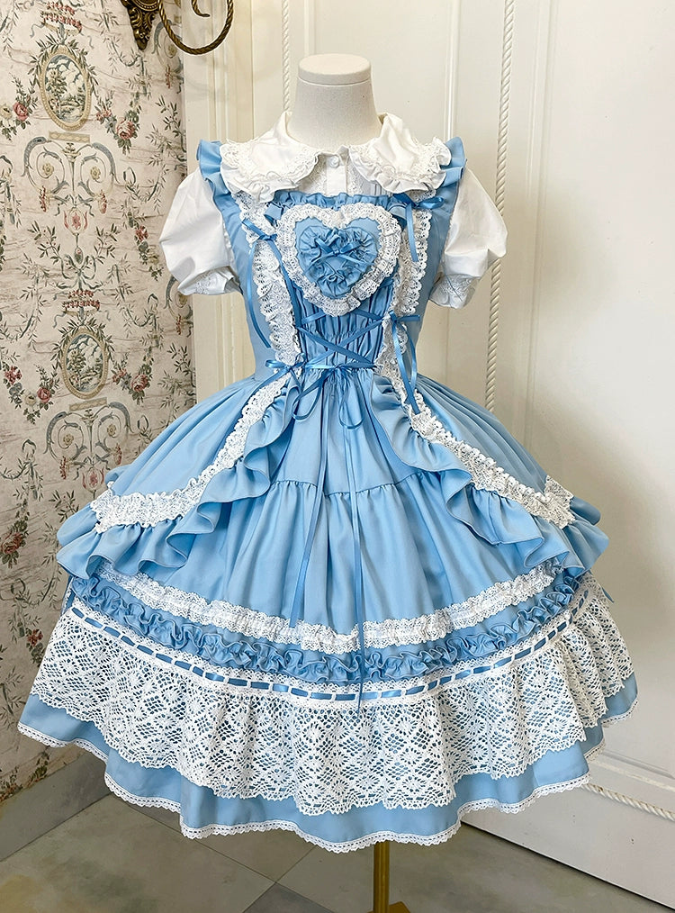 White Moon~Lost Heartbeat~Old School Lolita JSK Dress With Heart-Shaped Decoration Bule JSK (without shirt) S
