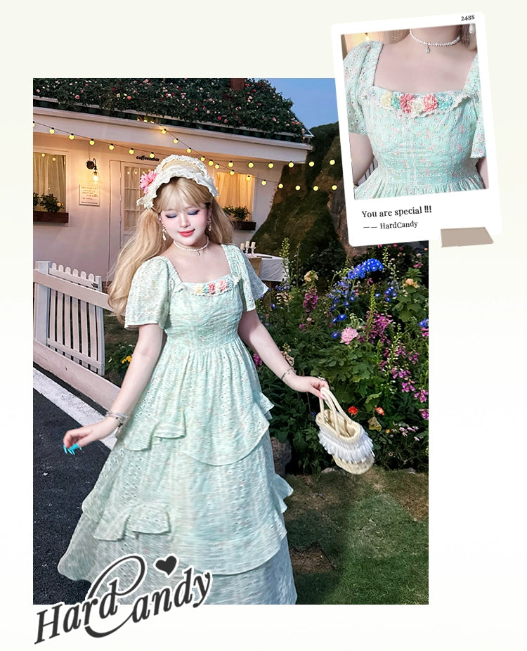 Yingtang~Dreamy Alice~Vintage Lolita Dress Plus Size Hollow out Mint Green Dress   
