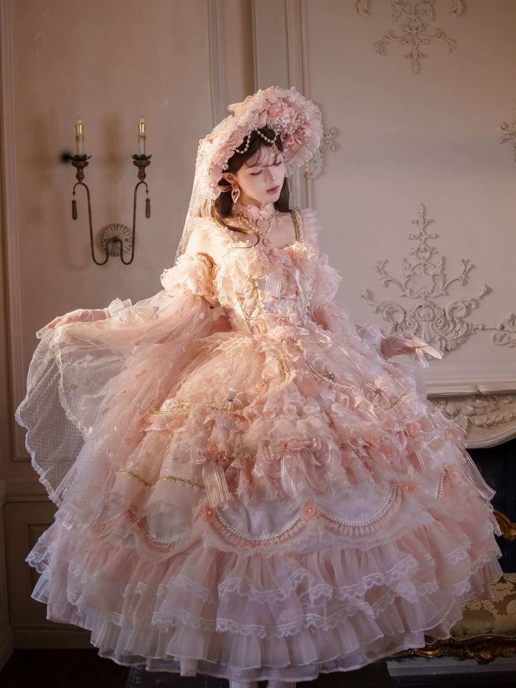 Cat Fairy - Runaway Princess - Pink Wedding Lolita Dress, Plus Size Friendly Pink Mist (dress + arm sleeves + back bow) S