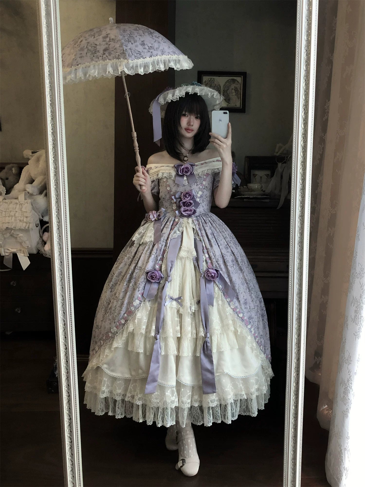 Dolota Flower Wall - Classic Lolita Floral OP Dress, Open Shoulder 44485:811151