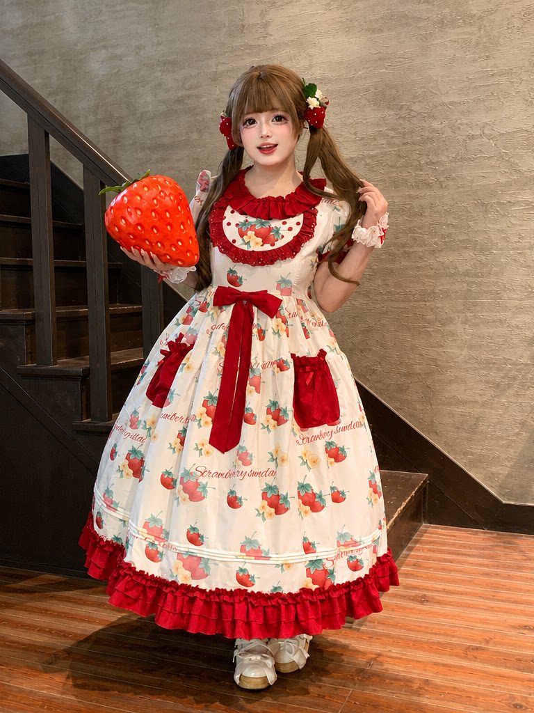 Sweet Berry Tidings - Plus Size Sweet Lolita OP Dress, Strawberry Print 45851:865340