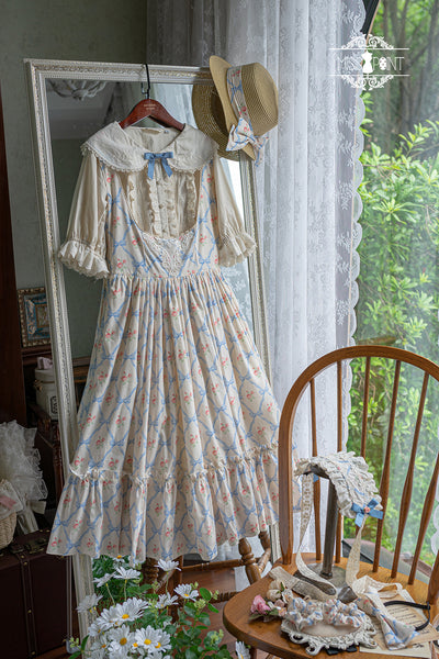 (Buyforme)Miss Point~Happy Summer Elegant Lolita Floral Jumper Skirt XS blue rhombic lattice JSK 