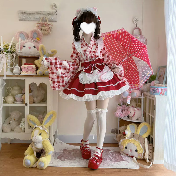 Hanguliang~Han Lolita OP Dress Japanese Style Dress for Summer Wear Red (top + skirt + apron + waistband bow) S 