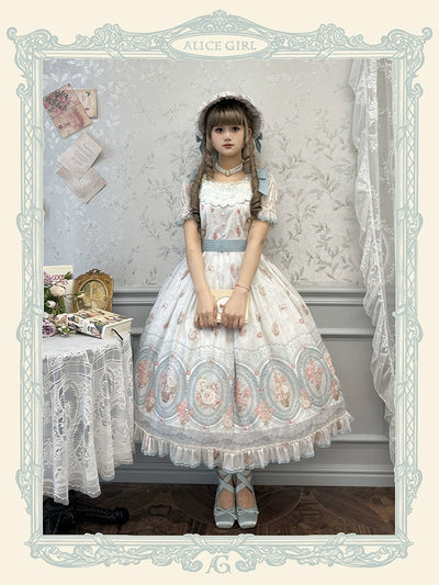 Alice girl~Night Rose~Elegant Lolita OP Dress Floral Print Dress Short Sleeve blue and pink short OP XS 