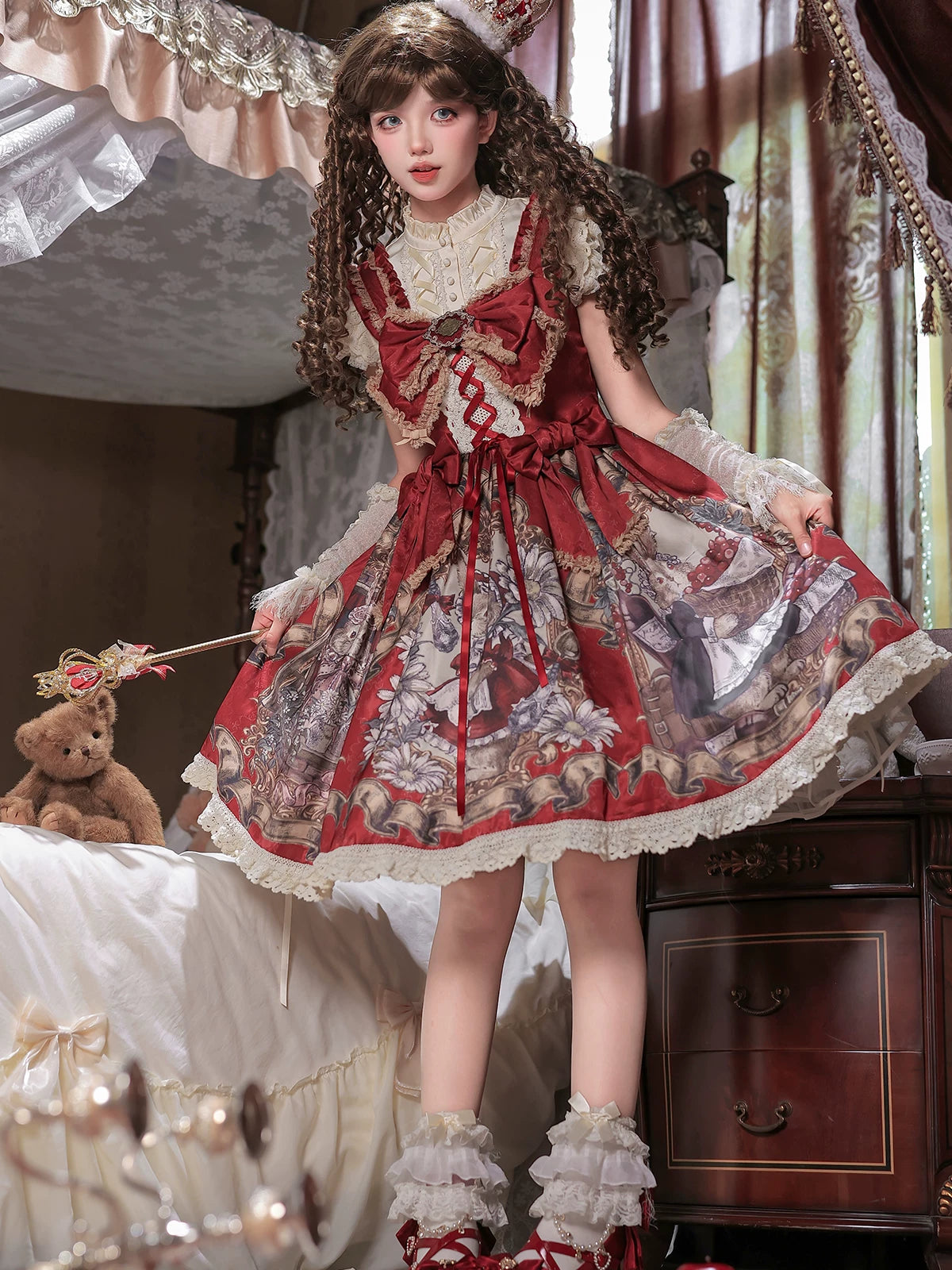 Mysterious Ribe - Red Classic Lolita Jumper Skirt & Blouse Set, Rabbit Print 45968:870081