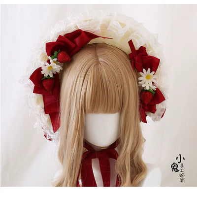 Xiaogui~Sweet Lolita Hat Strawberry Bonnet with Lace and Bow   