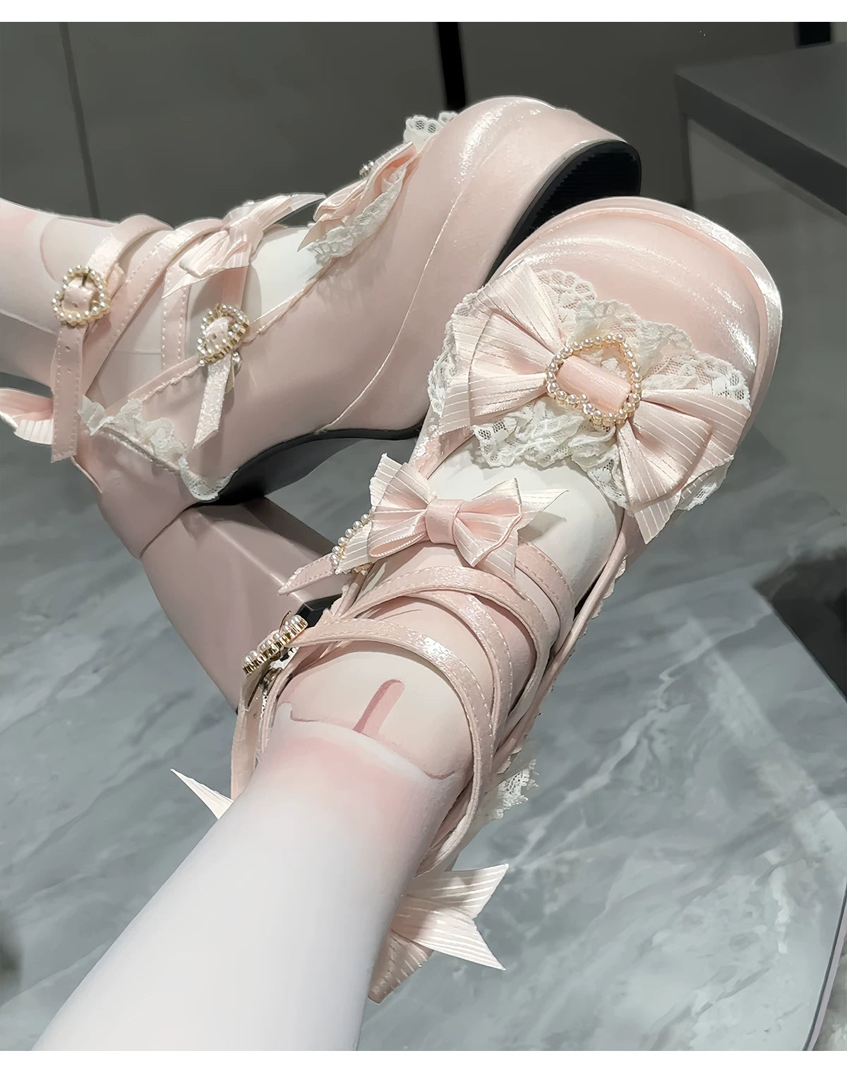 Romance of Hearts - Sweet Lolita Chunky Heeled Shoes, Pearl Heart Accents 45692:859259