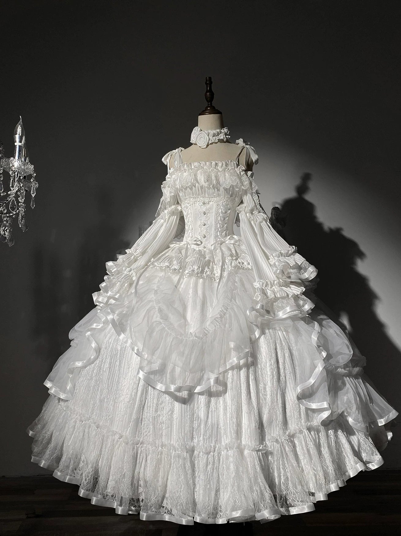 Saint Lily - Wedding Lolita Hime-Sleeve Dress, Off Shoulder White Dress Only (excl. choker) S