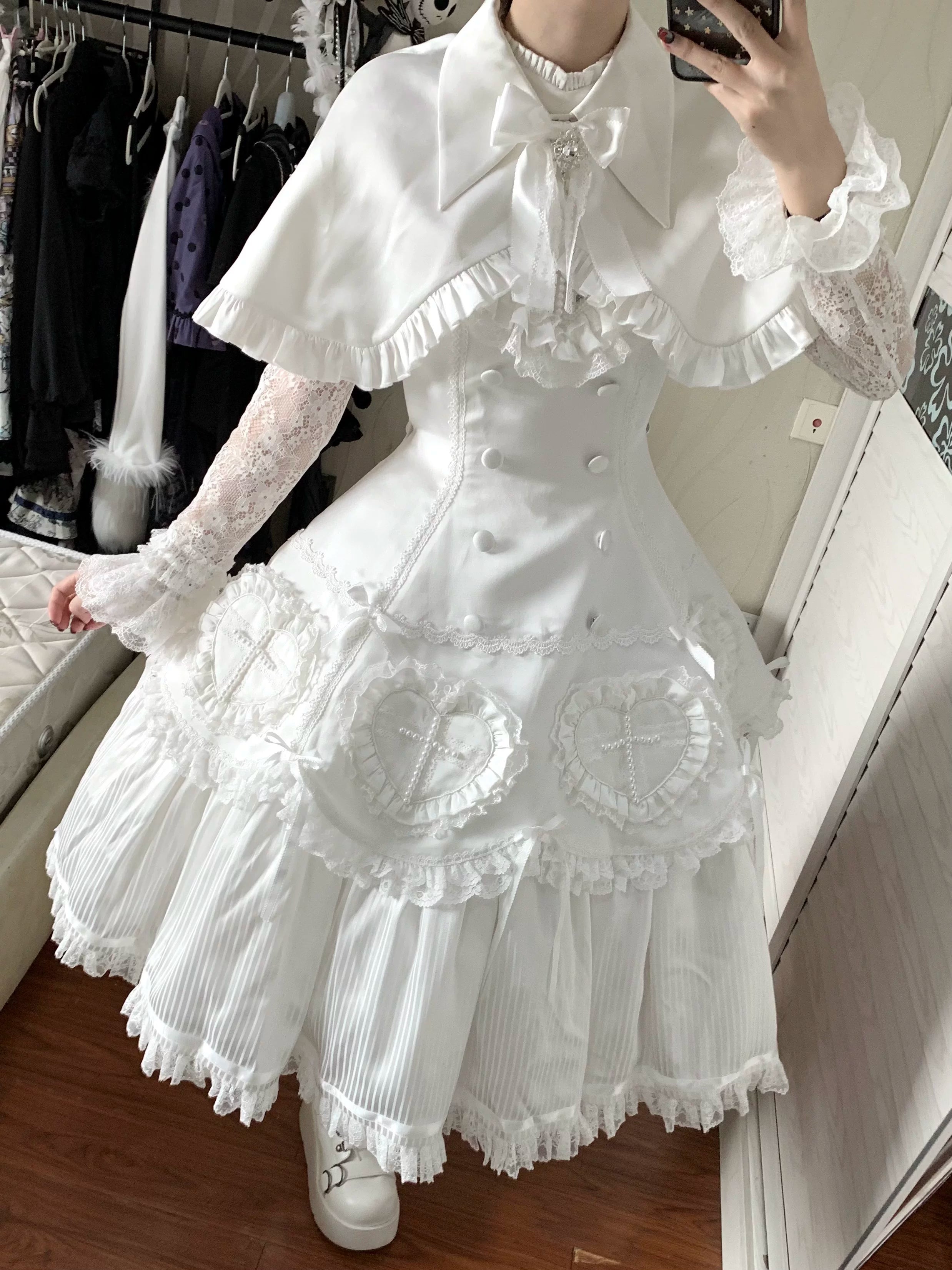 Nocthymn Cross - Gothic Lolita OP Dress with Pearled Cross, Detachable Sleeves (L M S XL) 45813:863342