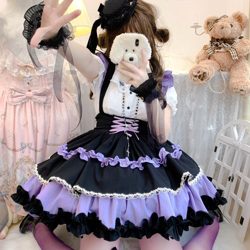 Qianmu~Lollipop~Kawaii Lolita Suspender Mini SK with Tiered Ruffle and Multicolor (L M S) 42407:739222