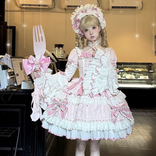 Heartbeat doll~Lily's Tea Party~Pink Old School Lolita OP Dress Long Sleeve