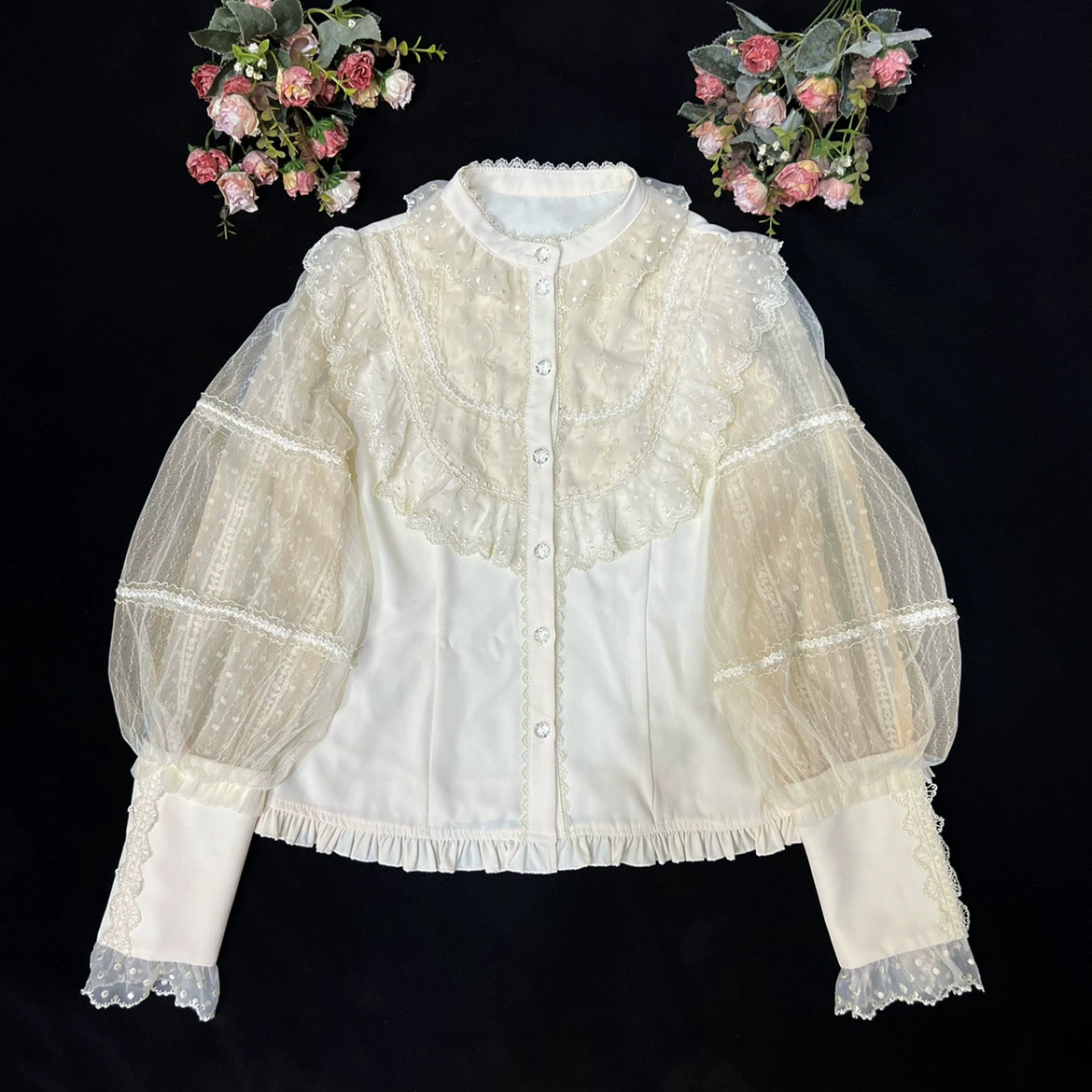 DMFS Lolita - The Heart of the Rose - Elegant Retro Lolita Skirt High Waist SK Blouse S Beige shirt-Stand collar