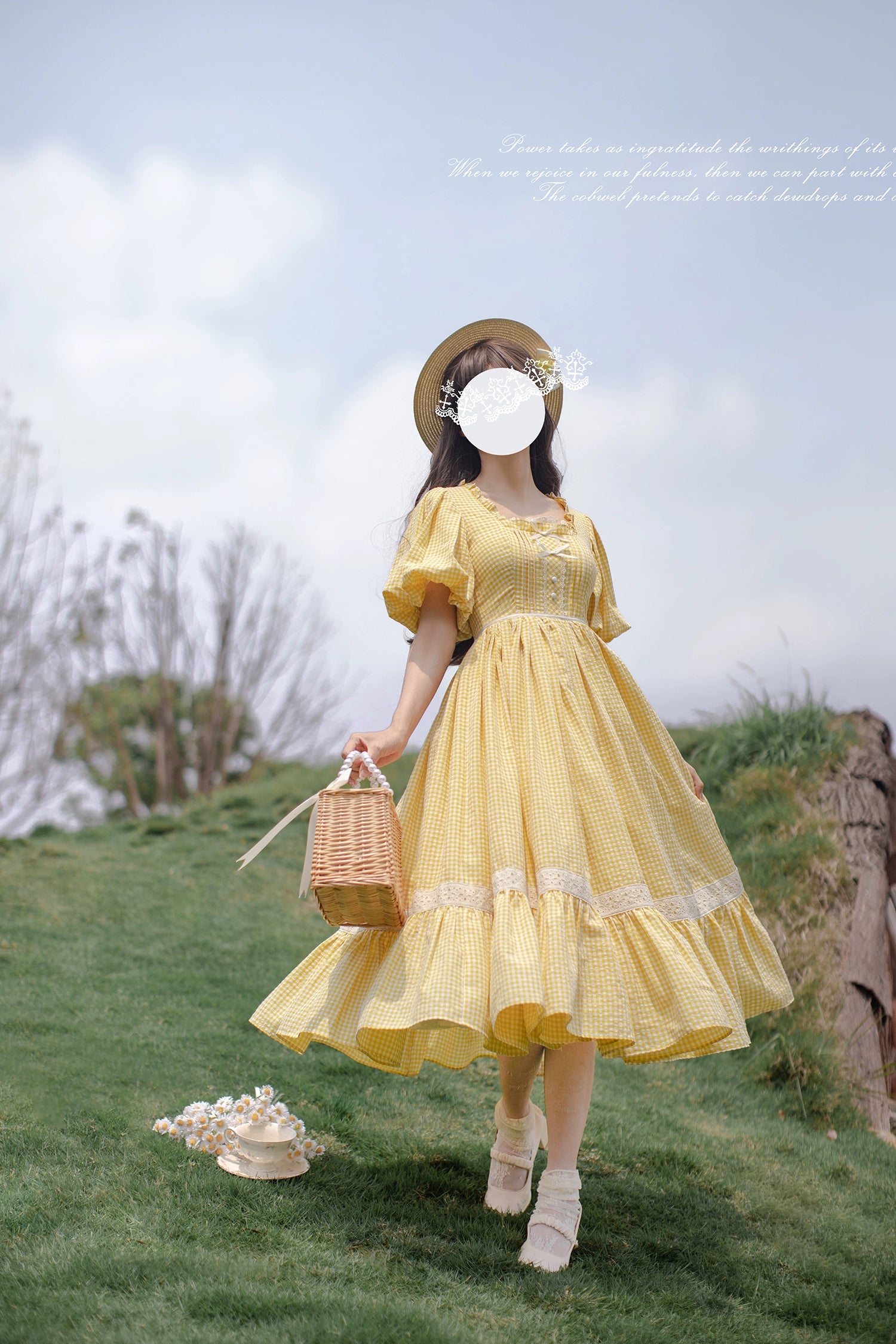 HuTaoMuJK - Belle - Yellow Lolita OP Dress Set Apron Dress Plaid Print