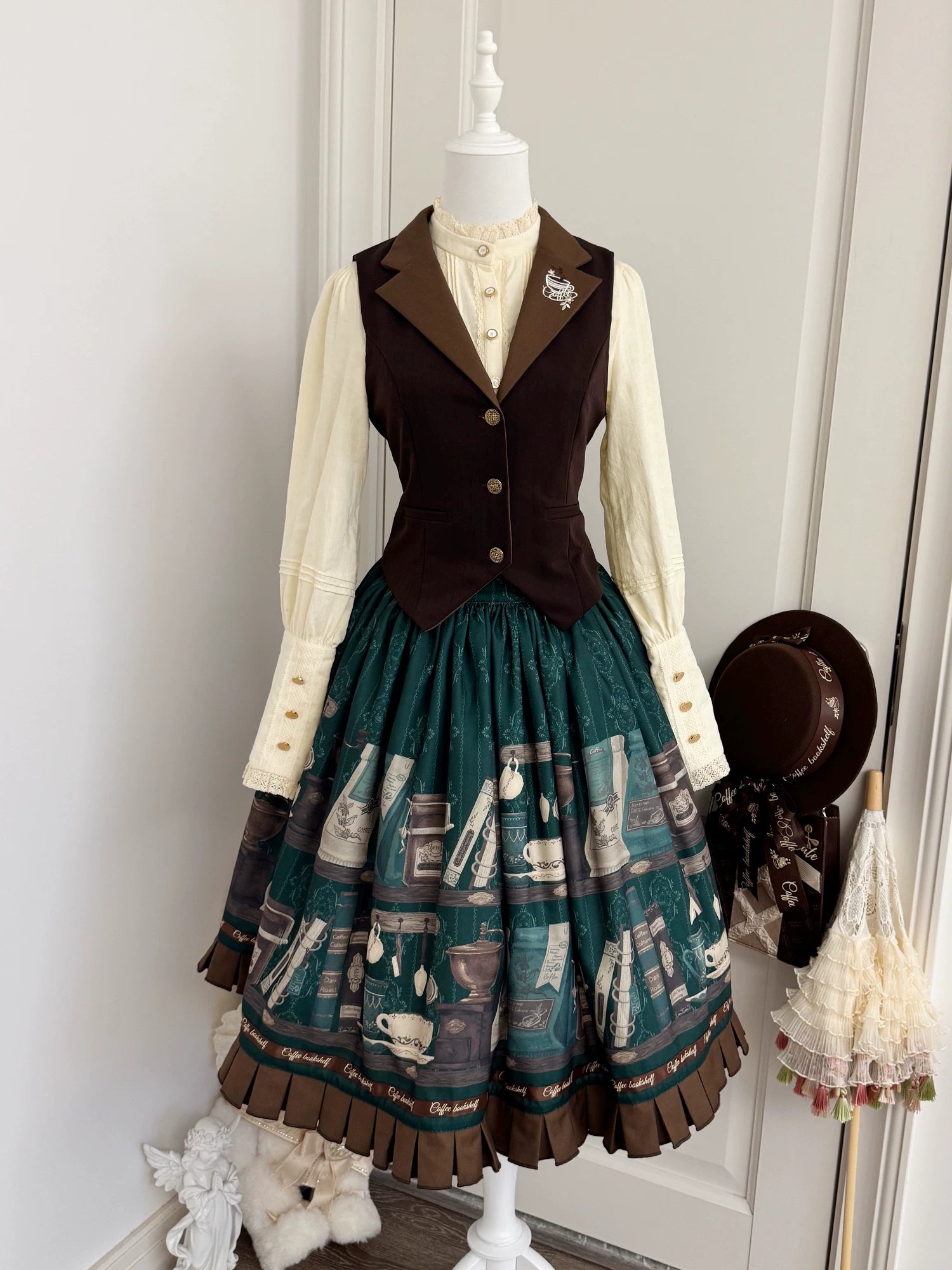 Coffee Bookshelf - Classic Lolita JSK and SK Set, Coffee Cup and Book Print 45611:856222