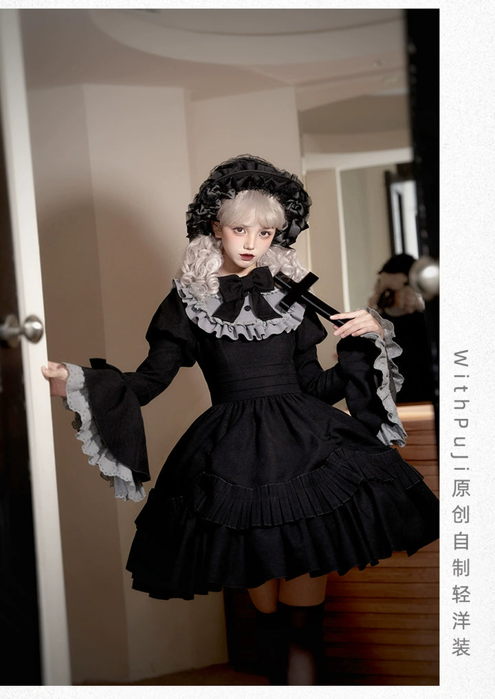 With PUJI~Midnight Chronicles~Black Old School Lolita OP Dress with Princess Sleeve