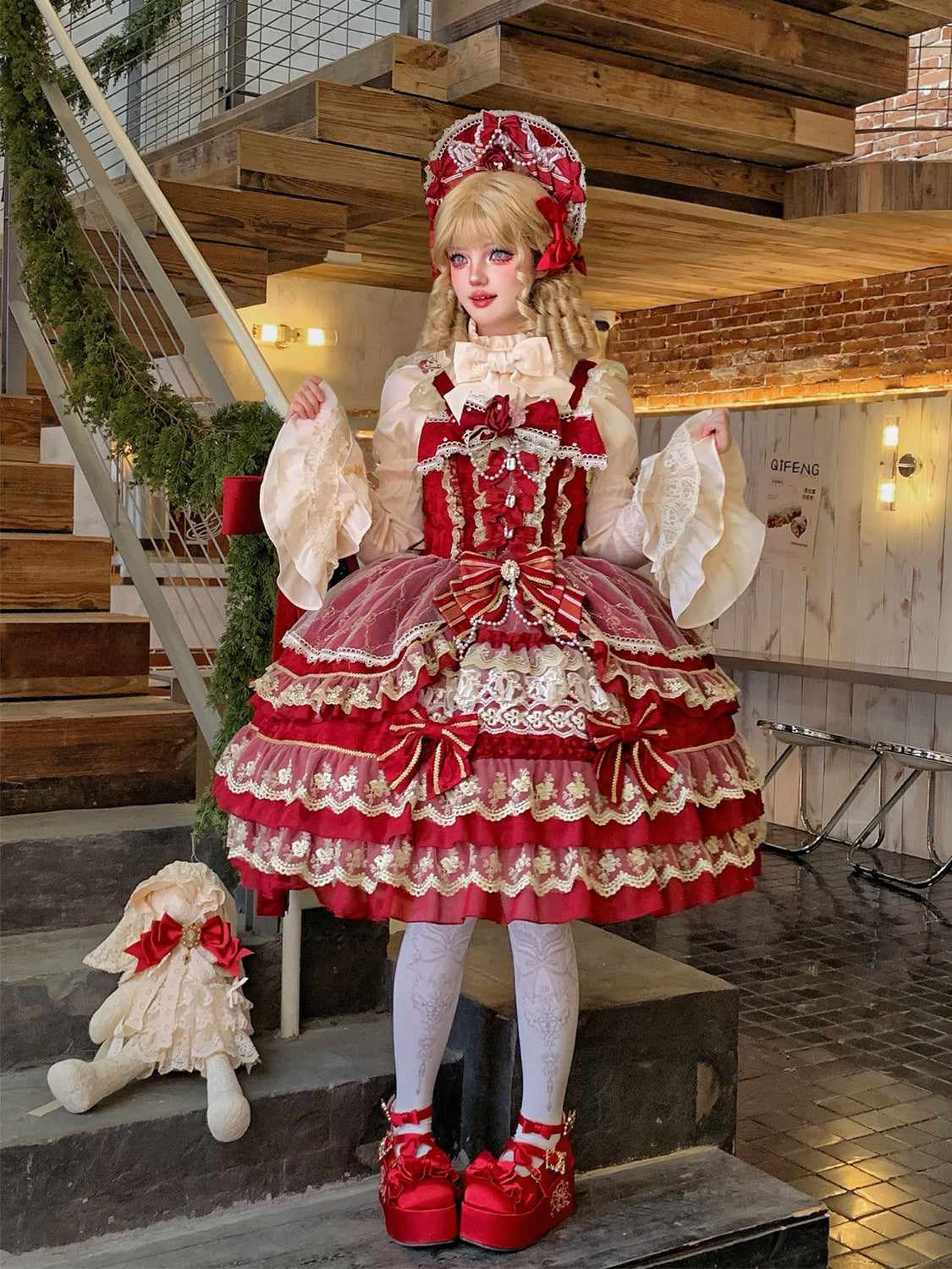Hanguliang - Gem Crown - Sweet Lolita JSK Suit Tiered Ruffles Doll-Like Dress and BNT