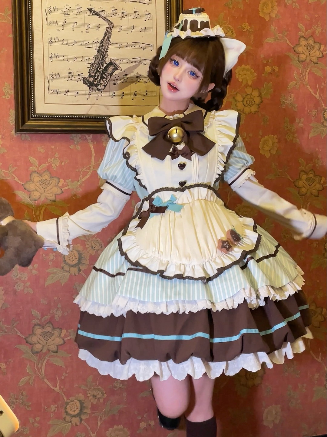 Sakurahime~Berry Bubble~Kawaii Lolita OP Tiered Ruffles Apron Lolita Dress Mint chocolate OP + apron S