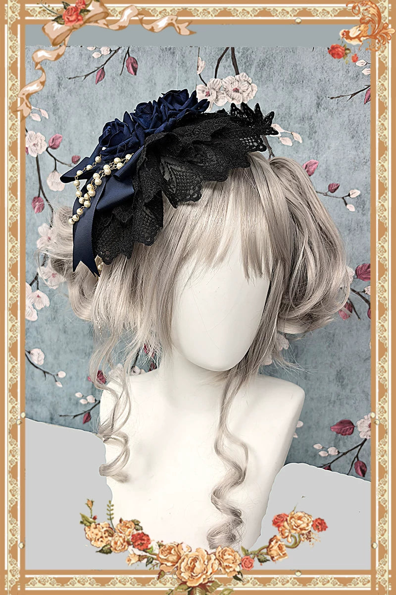 Elegant Lolita Hanamaru Hair Clip, Rose Bow & Pearl-like Chain 46096:874847