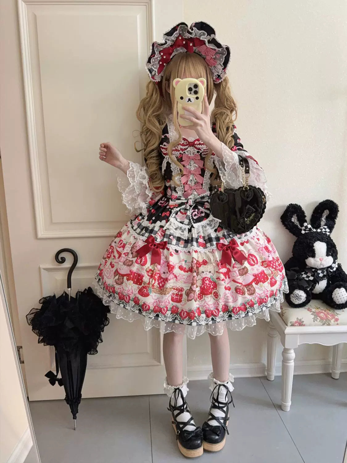 SweetBerry Bunny Bear - Sweet Lolita Hime Sleeve OP Dress, Strawberry and Bear Print