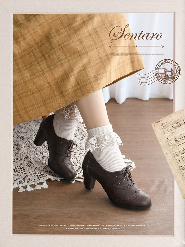 Sentaro~Retro Lolita Heel Shoes Handmade Perforated Strap Leather Shoes 35 dark brown mid heel 