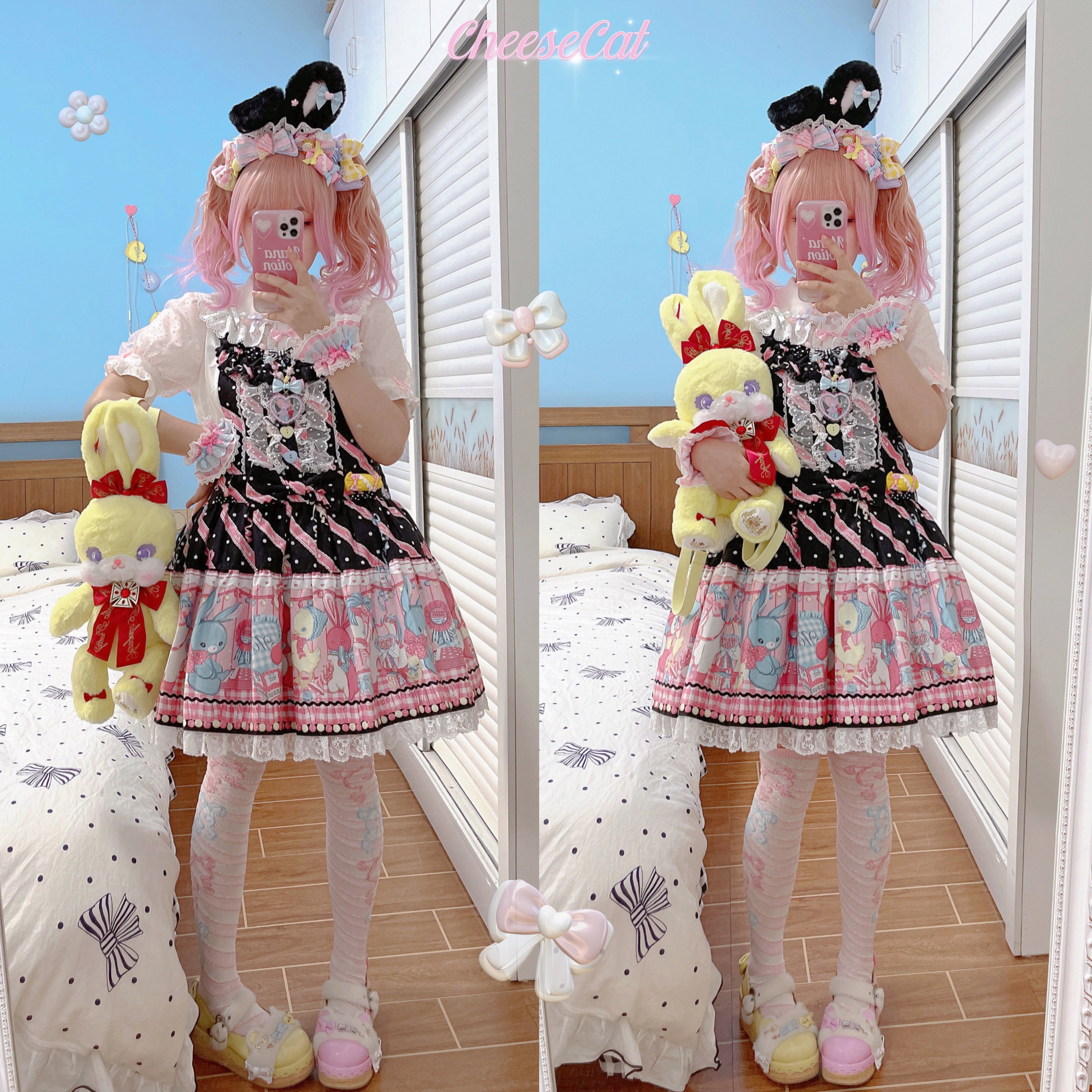 Cheese Cat - Sweet and Playful Strawberry Gingham Lace Cuffs