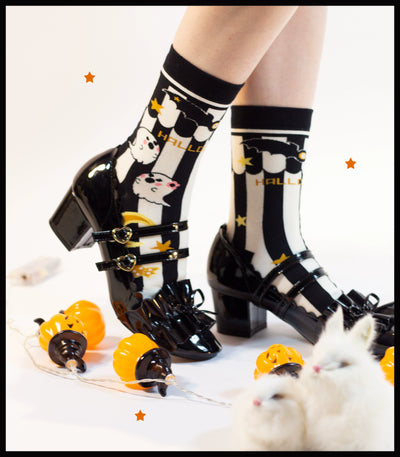 Yukines Box~Gothic Lolita Halloween Pumpkin Bat Socks white striped ankle socks 