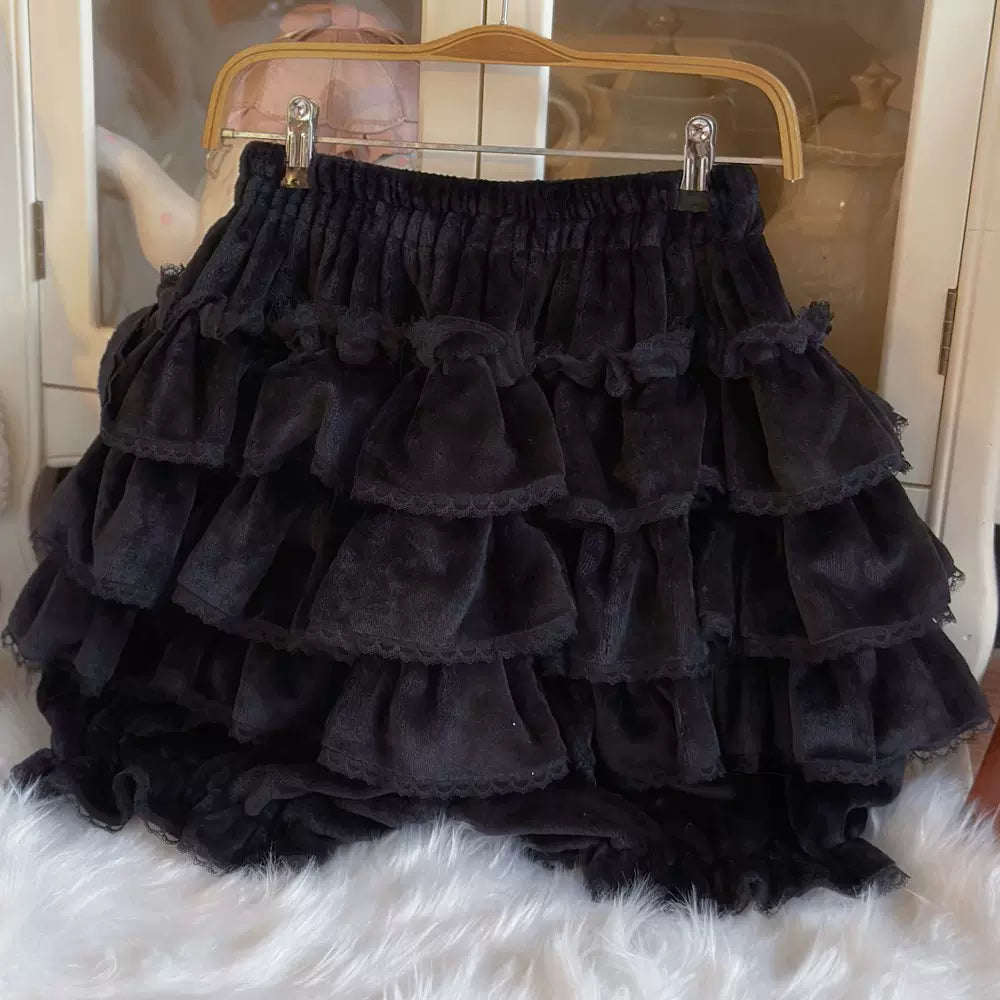 Sugar Girl - Cotton Lolita Bloomer, Loose Ruffled Hem Petticoat black(with velvet) One Size