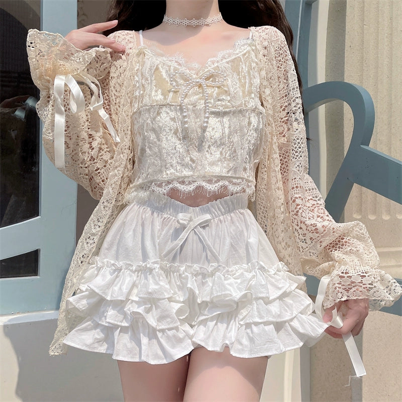 Sugar Girl~White Lolita Bloomers Anti-Exposure Pink Ruffle Safety Shorts White Free size 