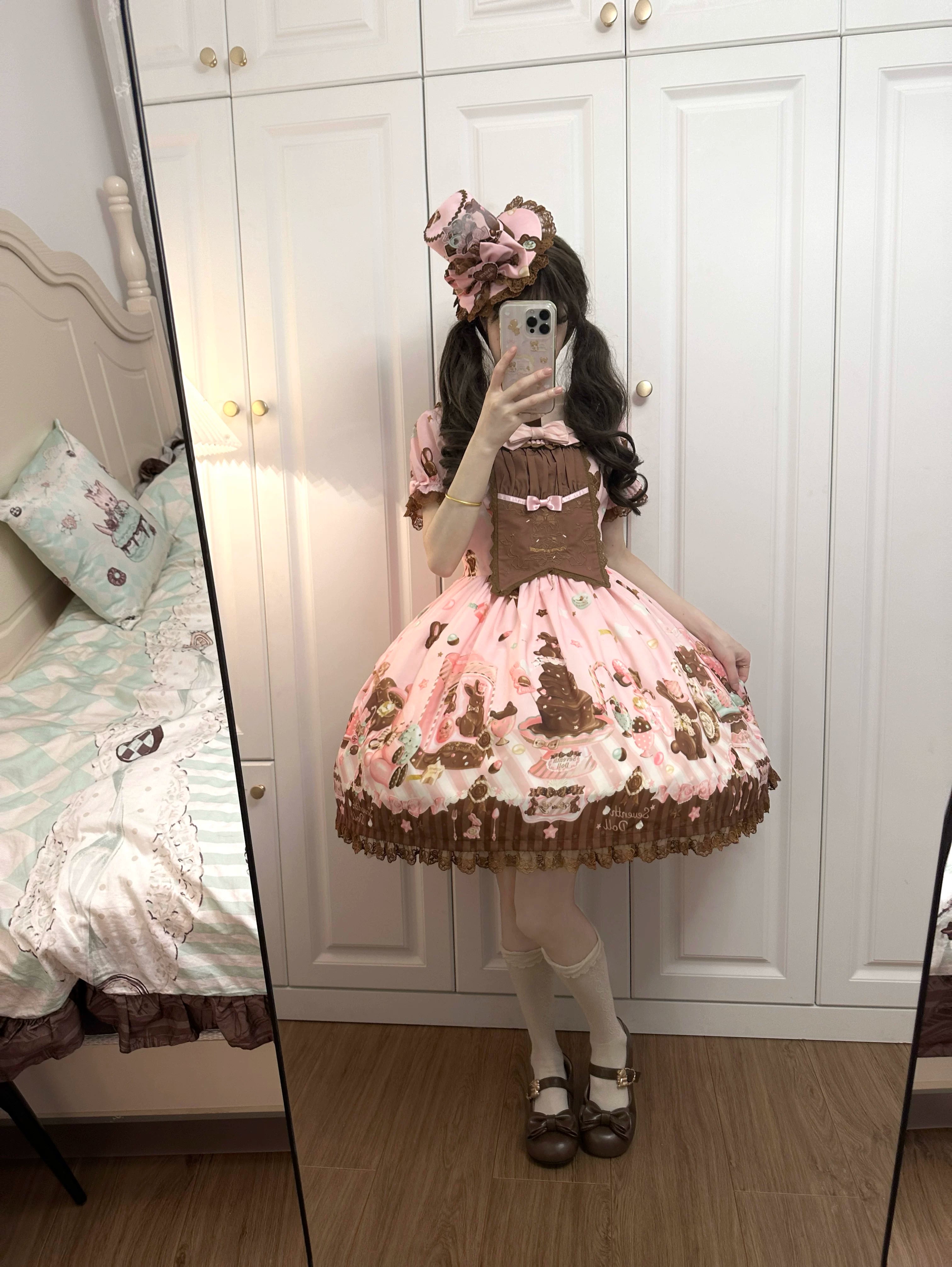 Chocolate Bunny - Printed Kawaii Lolita JSK, Short-sleeved Dress