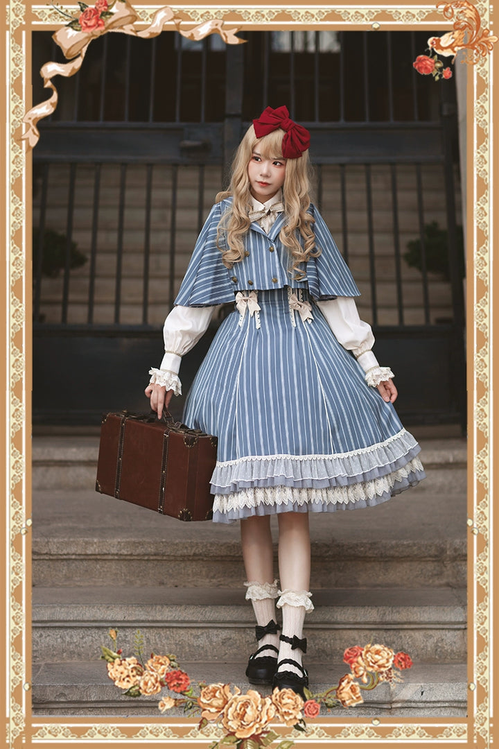 (Buy for me) Infanta~Elegant Lolita Stripe High-waist Jumper Dress Set and Cape   