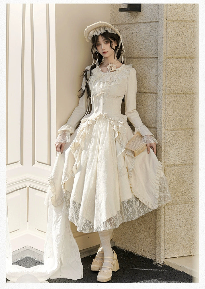 With PUJI~White Tea~Classic Lolita OP Dress with Irregular Design and Fishbone Waistband