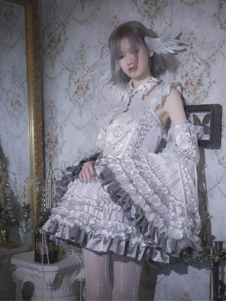 LustrE - Metallic Angel - Silver-white Punk Lolita JSK, Wing and Rhinestone Details 44276:801886