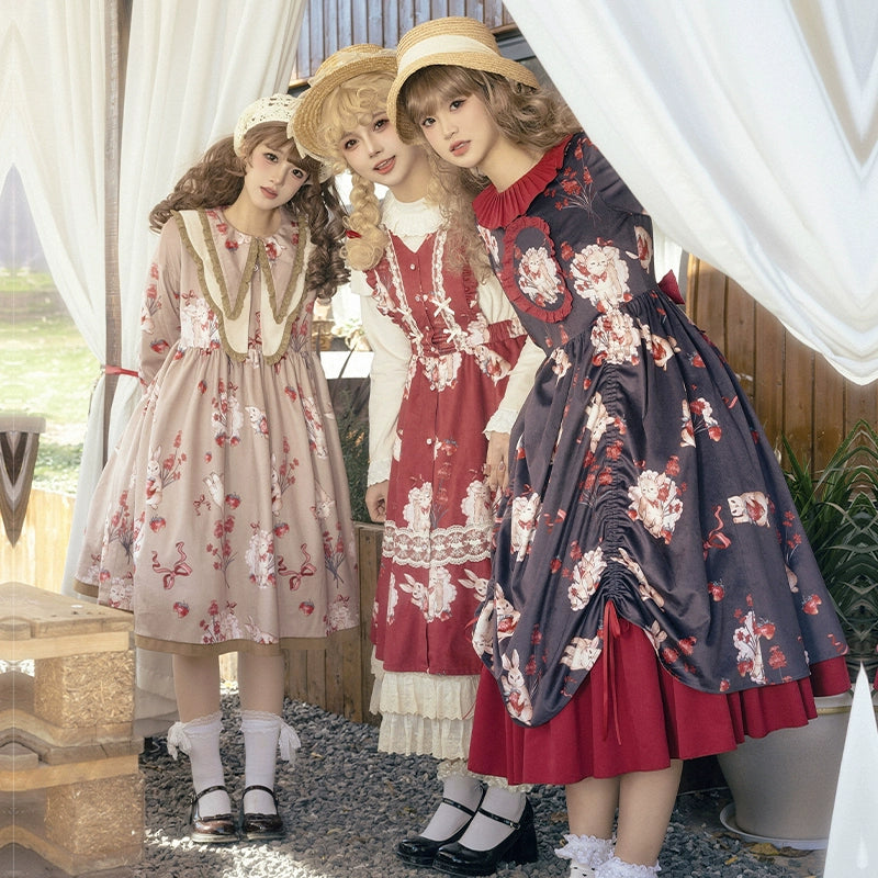 With PUJI~Sheepberry Bunny Air~Sweet Lolita Dress Velvet Print JSK and OP