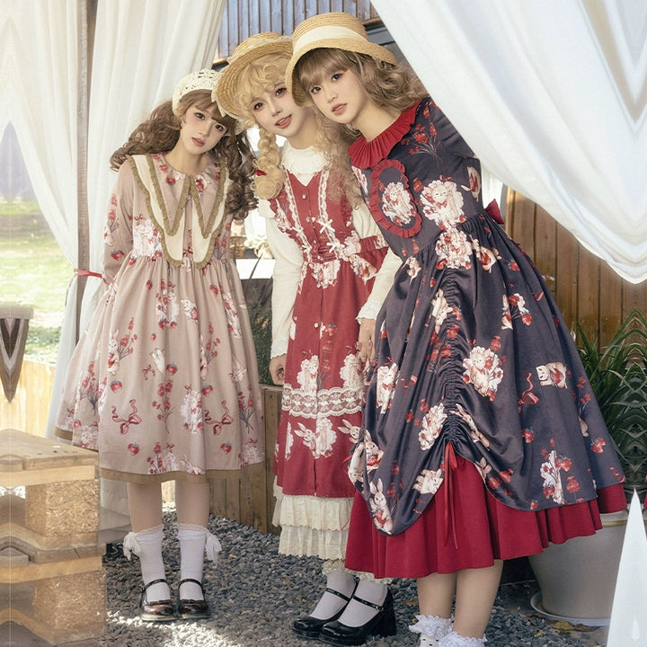 With PUJI~Sheepberry Bunny Air~Sweet Lolita Dress Velvet Print JSK and OP   