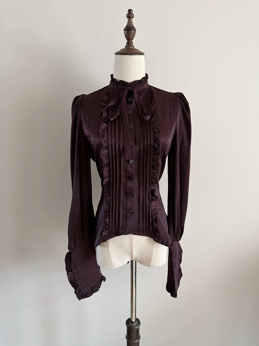 Misty Night Bell - Gothic Lolita Long Sleeve Blouse, Pintuck Placket Dark Red Blouse Only S
