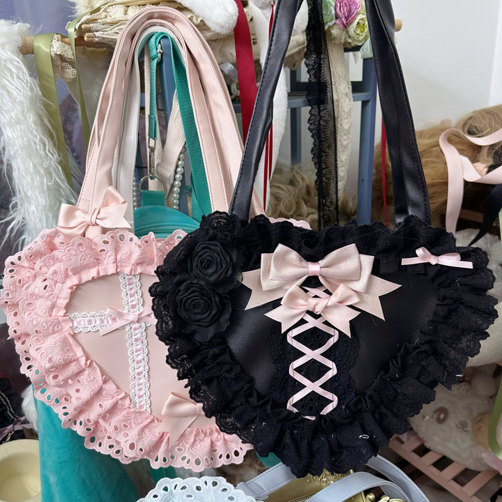 Chestnut Lolita~Sweet Lolita Bag Heart-shaped Lace Bag Multicolors black pink  