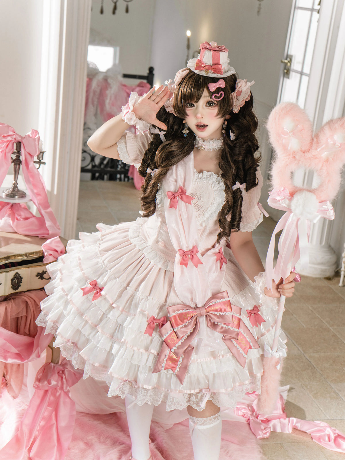 Sparkle Annie - Plus Size Sweet Lolita Top & SK Set, Cream Pink Pinstripe 45943:869232