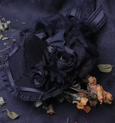(BFM)Lilizi~KuiLi Series~Elegant Lolita Blouse with Bat Collar XS Black handmade hat only 