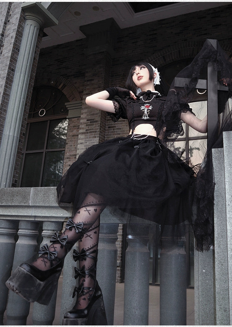 With PUJI~Evil Flower~Gothic Lolita Skirt Set Rose Embroidered Hollow Out Blouse 39596:631104