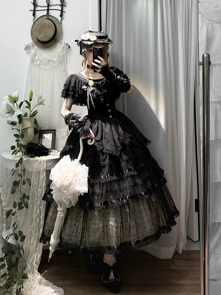 Classic Lolita OP Dress, Tulle Skirt with Cross Accent