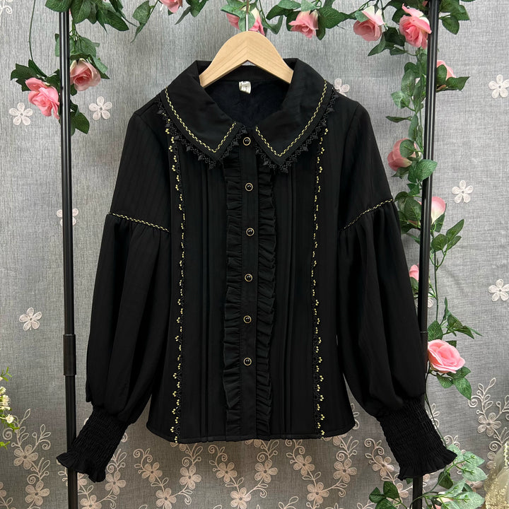 DMFS Lolita~Classic Lolita Blouse Mutton Sleeves Lolita Shirt Black with velvet S