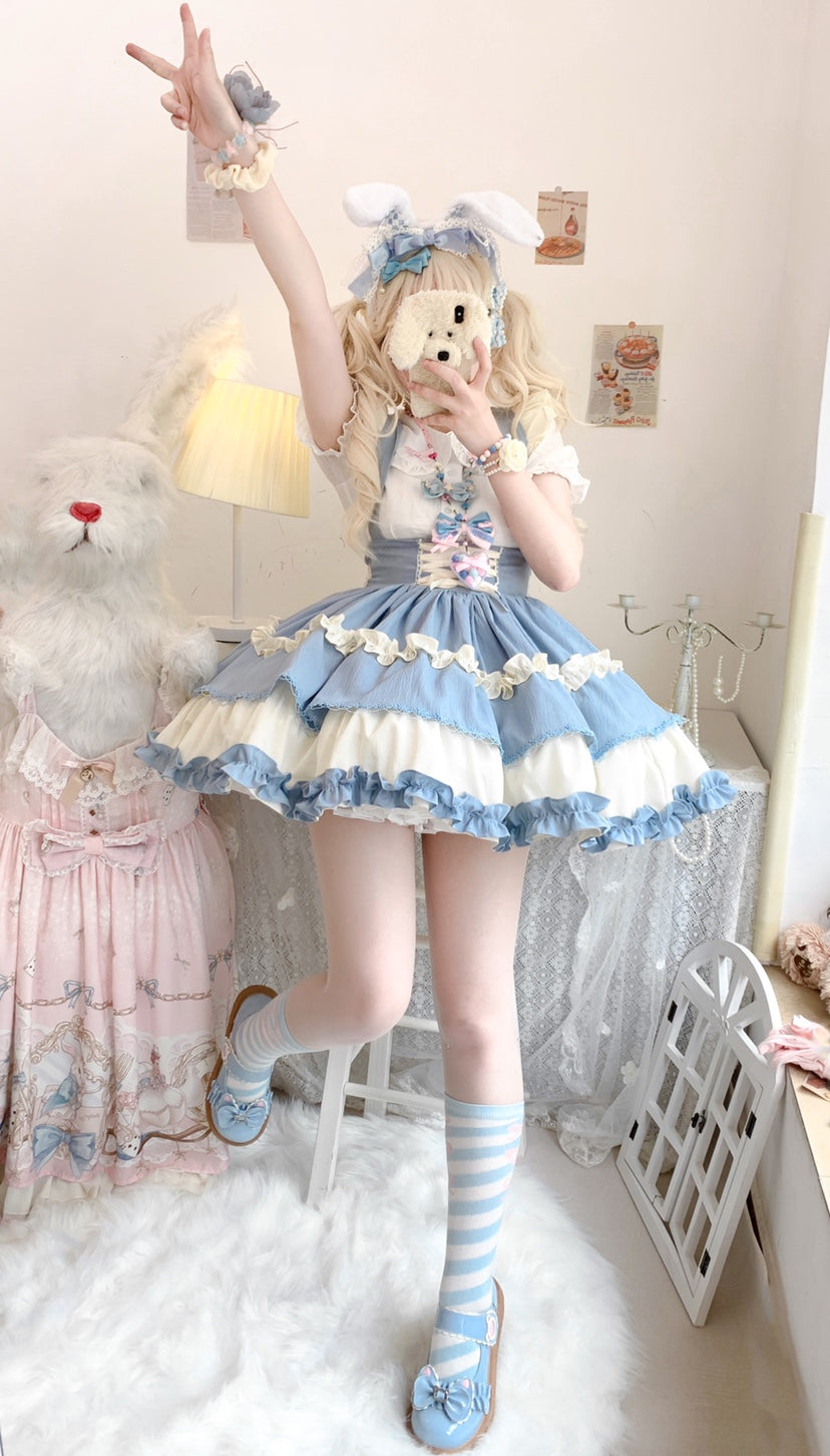 Qianmu~Lollipop~Kawaii Lolita Suspender Mini SK with Tiered Ruffle and Multicolor (L M S) 42407:739223