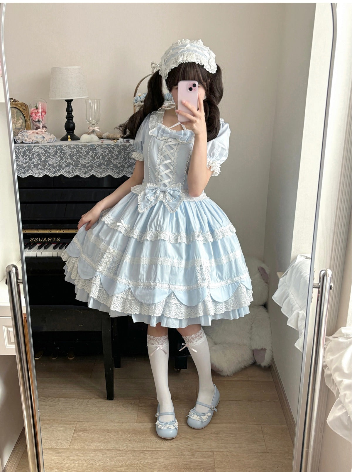 AerialCat~Cream Petals~Old School Lolita OP Tiered Ruffles Cotton Dress 42762:752772