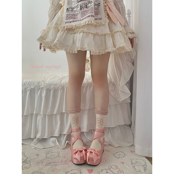 Roji Roji~Kawaii Cotton Lolita Socks Mid-calf Socks Free size Pink mid-calf socks about 34cm 
